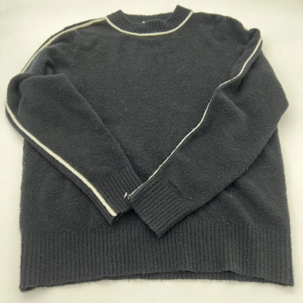 Athleta Transit Wool Blend Crew Sweater Black With White Trim Womens S